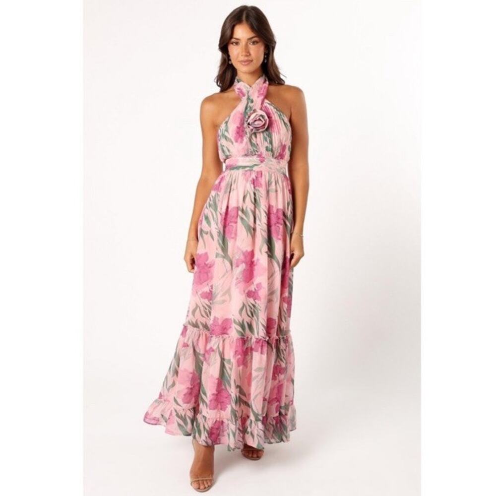 Petal & Pup Lennon Halterneck Maxi Halter Dress Pink Floral Size Small